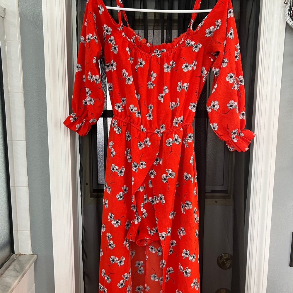 Speechless Red/orange Floral High Low romper Dress